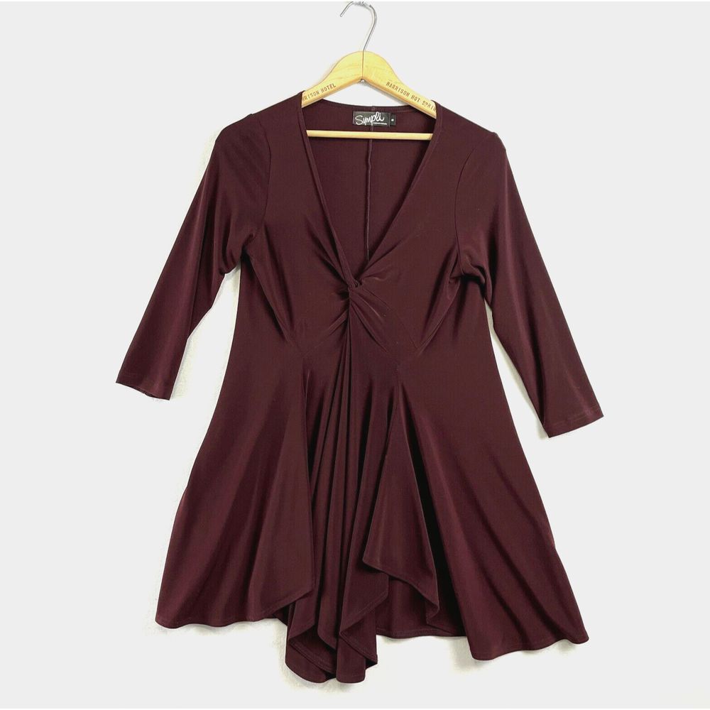 SYMPLI Tunic Long Sleeve Womens 8 Burgundy Comfort Slinky‎ Knit Top Twist Front